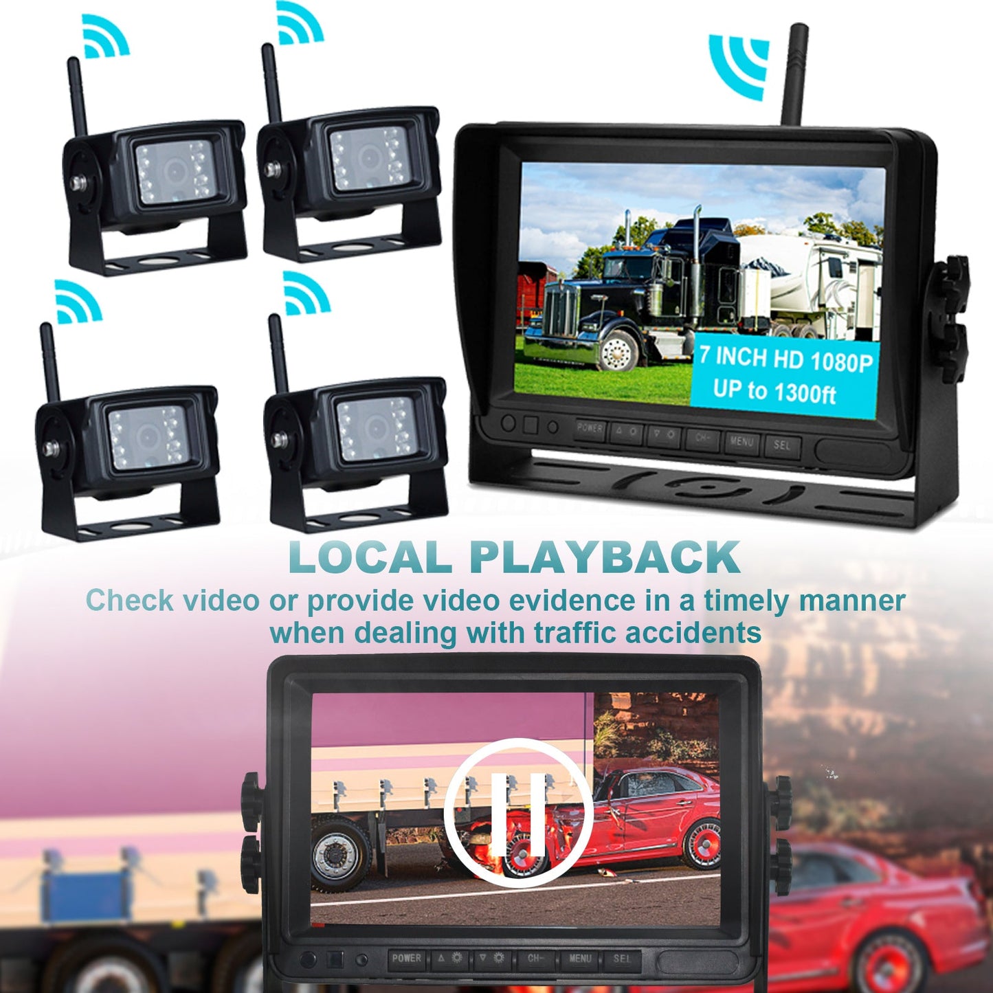 Kit telecamera di backup per retrovisione AHD 1080P wireless con display da 7 pollici per rimorchio per camion