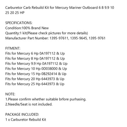 Kit guarnizioni riparazione carburatore per fuoribordo Mercury Mariner 6-25hp 1395-97611 generico