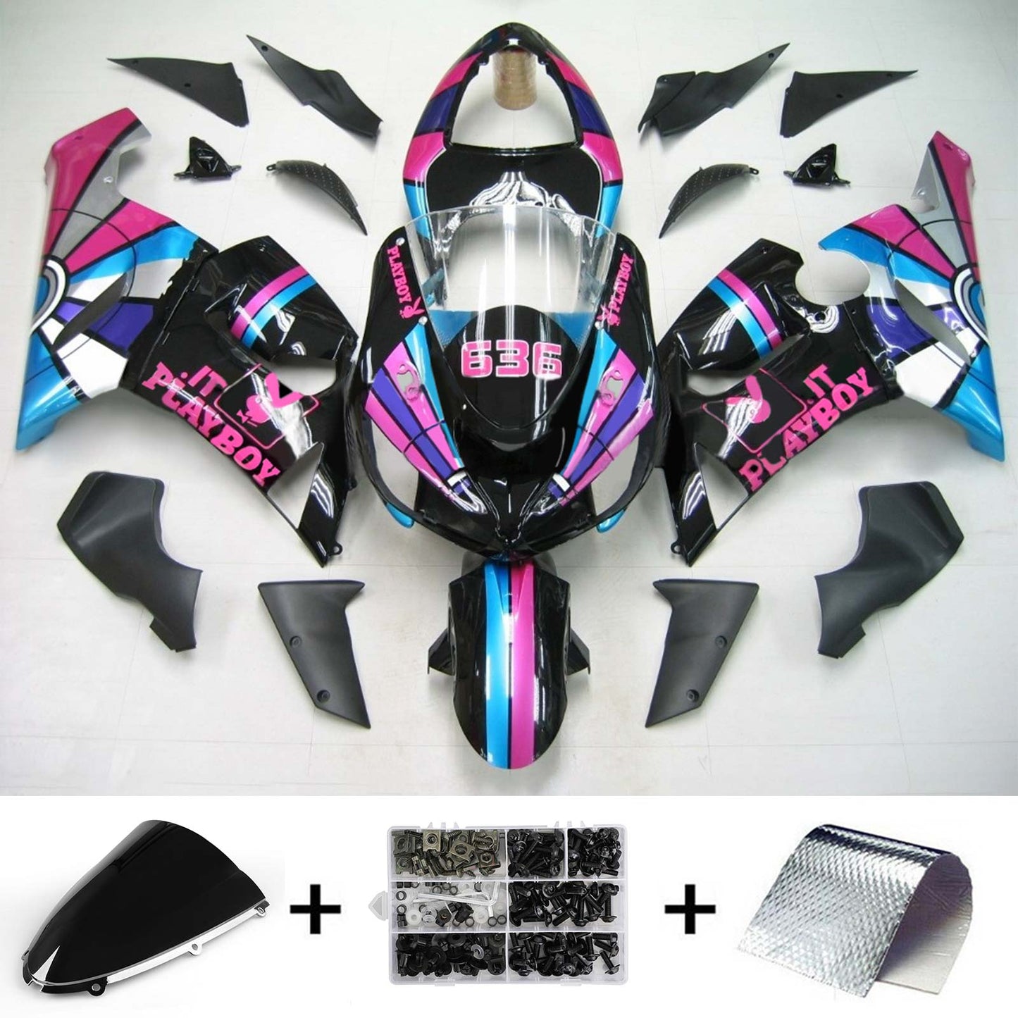 Amotopart Kawasaki 2005-2006 ZX6R 636 Kit di carenatura playboy rosa nero