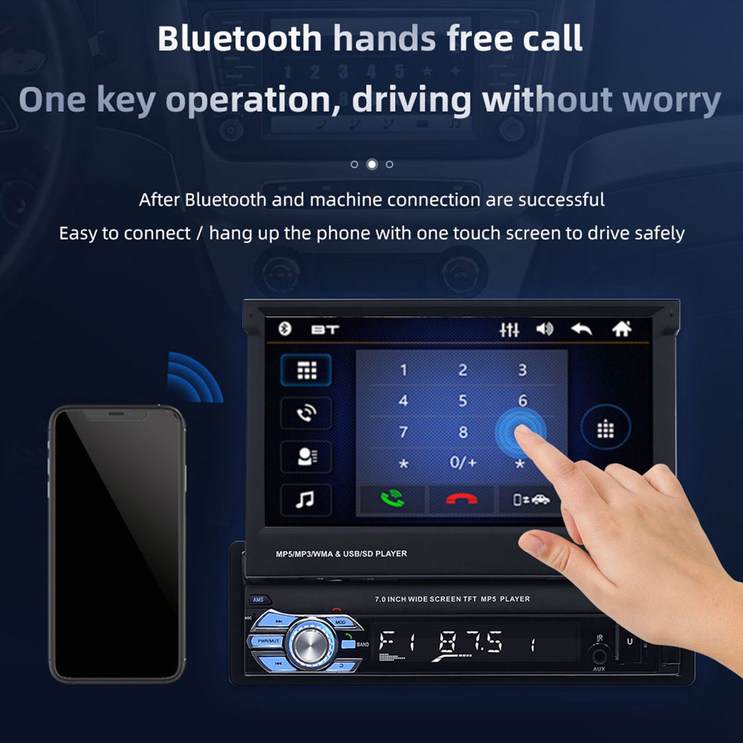 7" 1Din Telescopico Touch Screen Autoradio Stereo Lettore MP5 BT/USB/AUX con fotocamera