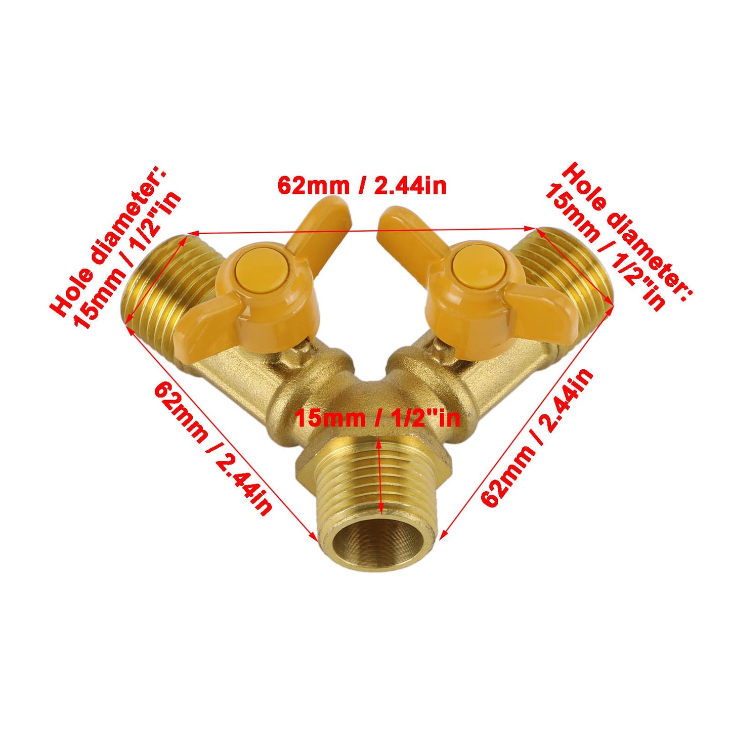 Valvola a sfera a 3 vie con chiusura a 3 vie Valvola a forma di Y con portagomma da 1/2" Raccordo in ottone a 2 interruttori