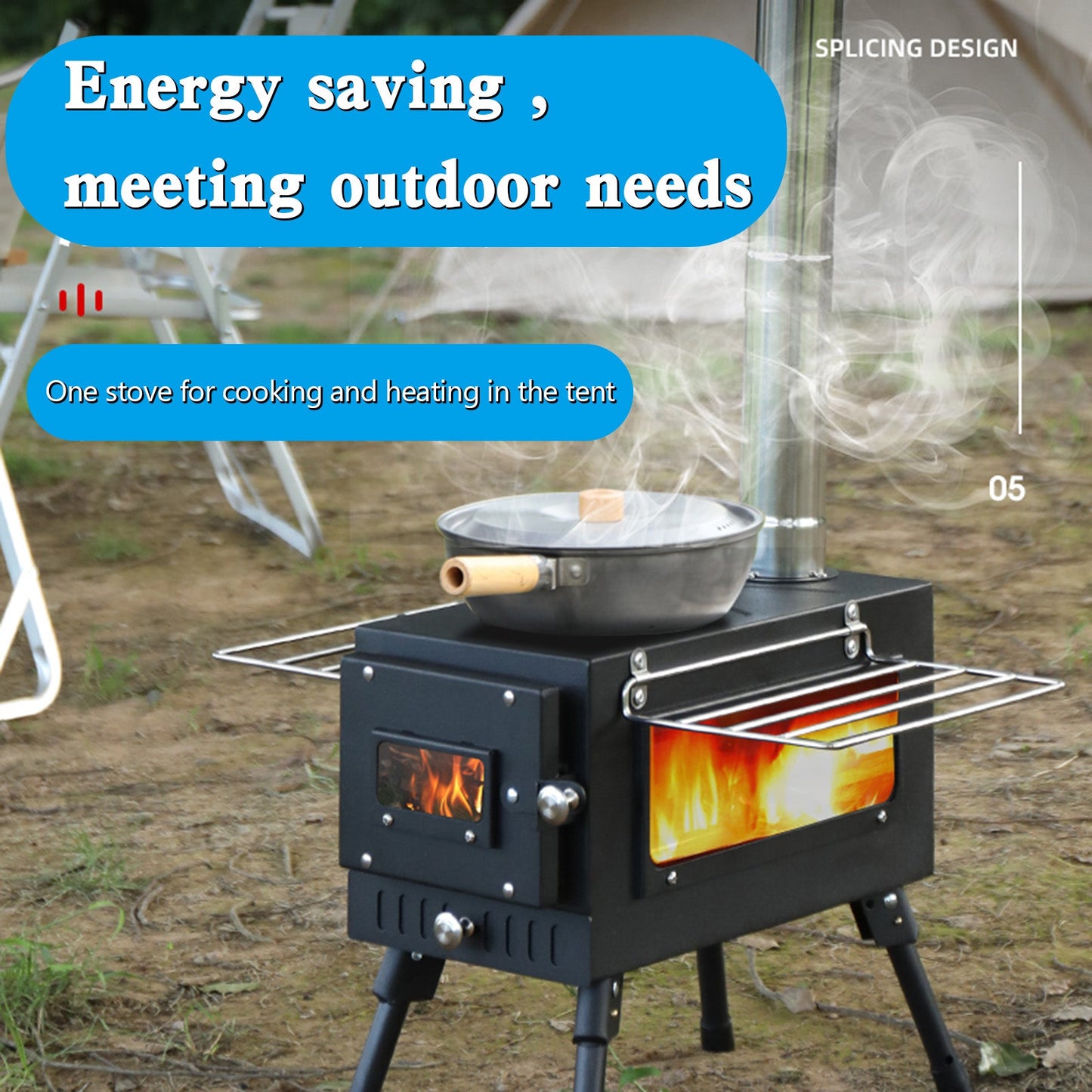 Stufa a legna da campeggio per tende portatili da esterno con tubo per cucinare in tenda
