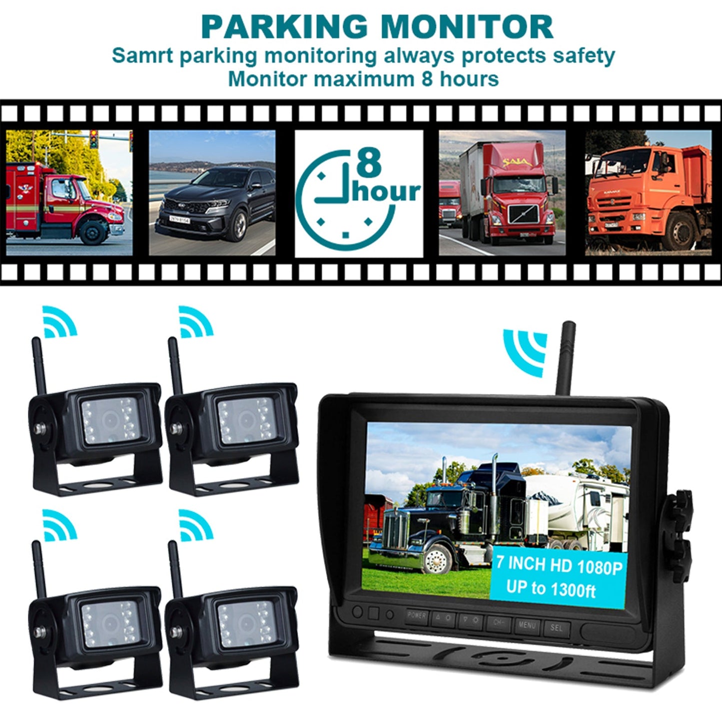 Kit telecamera di backup per retrovisione AHD 1080P wireless con display da 7 pollici per rimorchio per camion