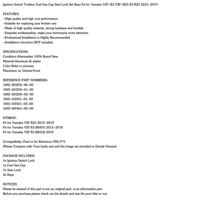 Interruttore di accensione Tappo serbatoio carburante Set serratura sedile adatto per Yamaha YZF R3 R25 2015-2019 Generico