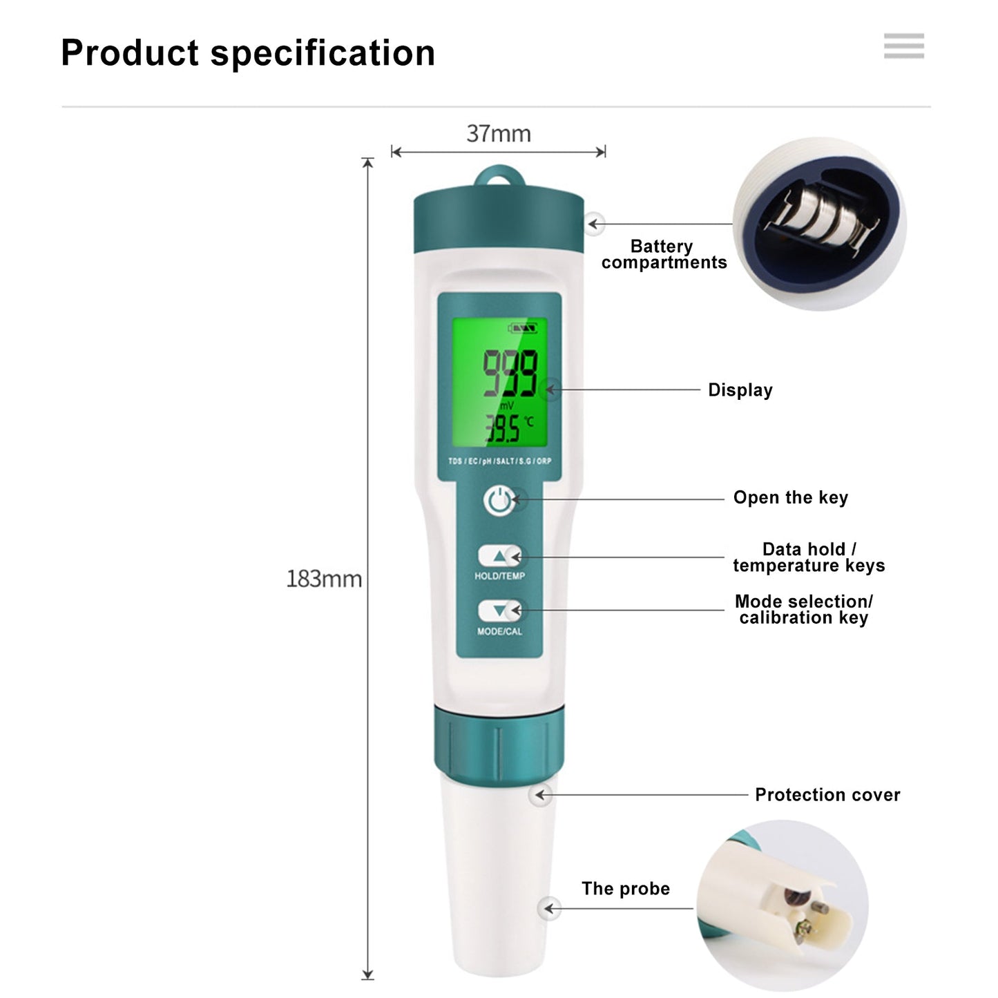 Tester di qualità d'acqua retroilluminato 7 in 1 PH/TDS/EC/ORP/TEMP/SG/Salinità