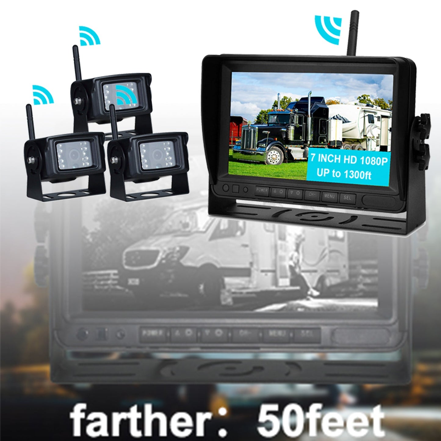 7" Display AHD 1080P Wireless 3CH Kit telecamera di retromarcia per rimorchio per camion