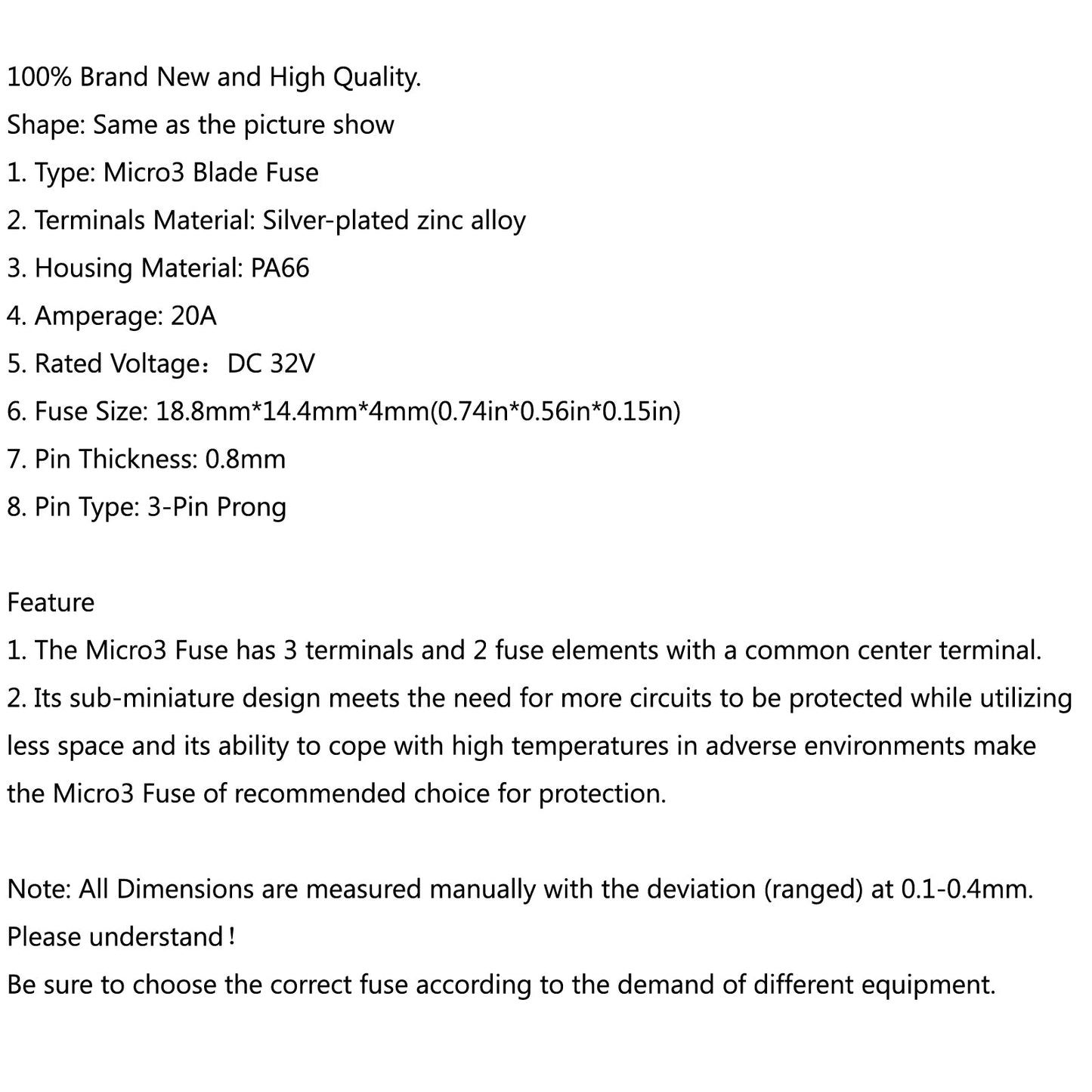 5Pcs Micro3 Fuse Automotive ATL 20A 3 Prong Micro Fusibile a lama per Ford Focus