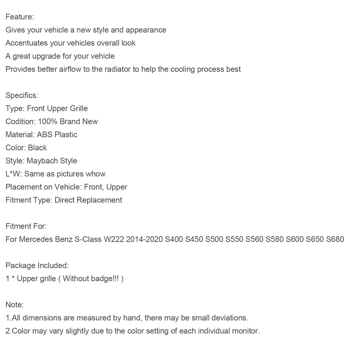 Mercedes-Benz Classe S W222 S500 S550 S600 2014-2020 Griglia anteriore