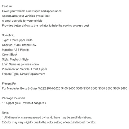 Mercedes-Benz Classe S W222 S500 S550 S600 2014-2020 Griglia anteriore