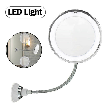 Specchio per trucco flessibile a collo d&#39;oca 10X con ventosa da bagno a luce LED 7 "