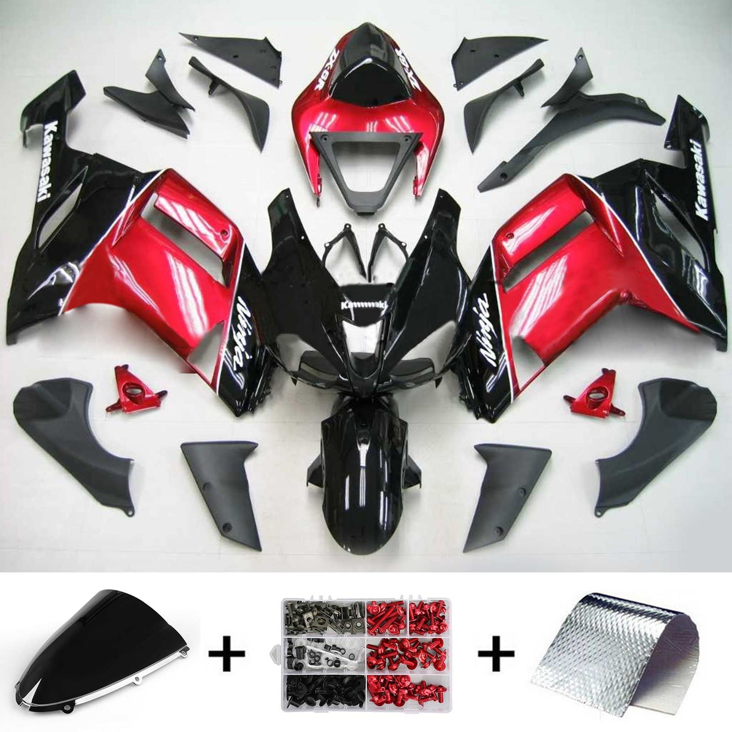 Amotopart Kawasaki 2007-2008 ZX6R 636 Nero con kit di rivestimento rosso