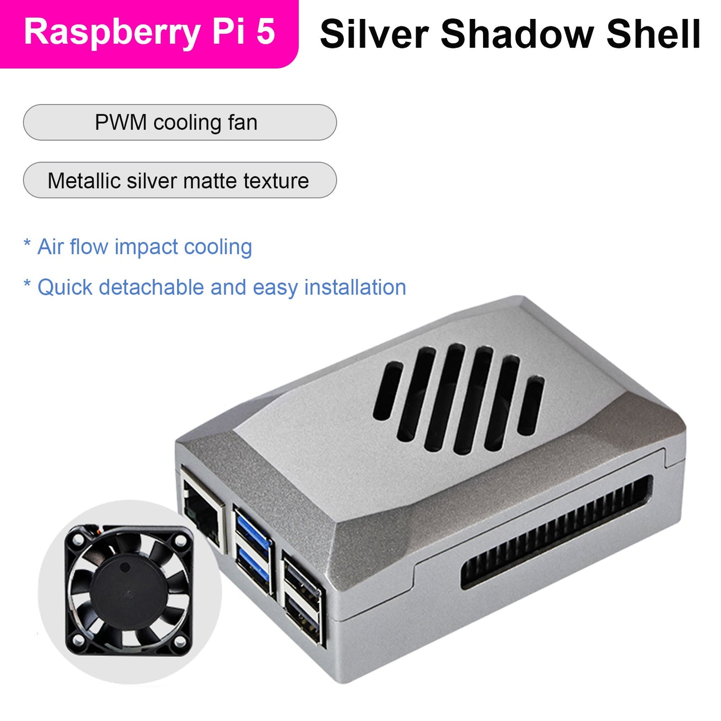 Scatola protettiva Silver Shadow Shell Raspberry pi5 Ventola di controllo della velocità in materiale ABS