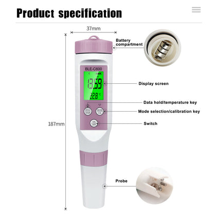 7 in 1 PH EC Conducibilità TDS Salinità ORP SG Blue Tooth Meter Tester Misure