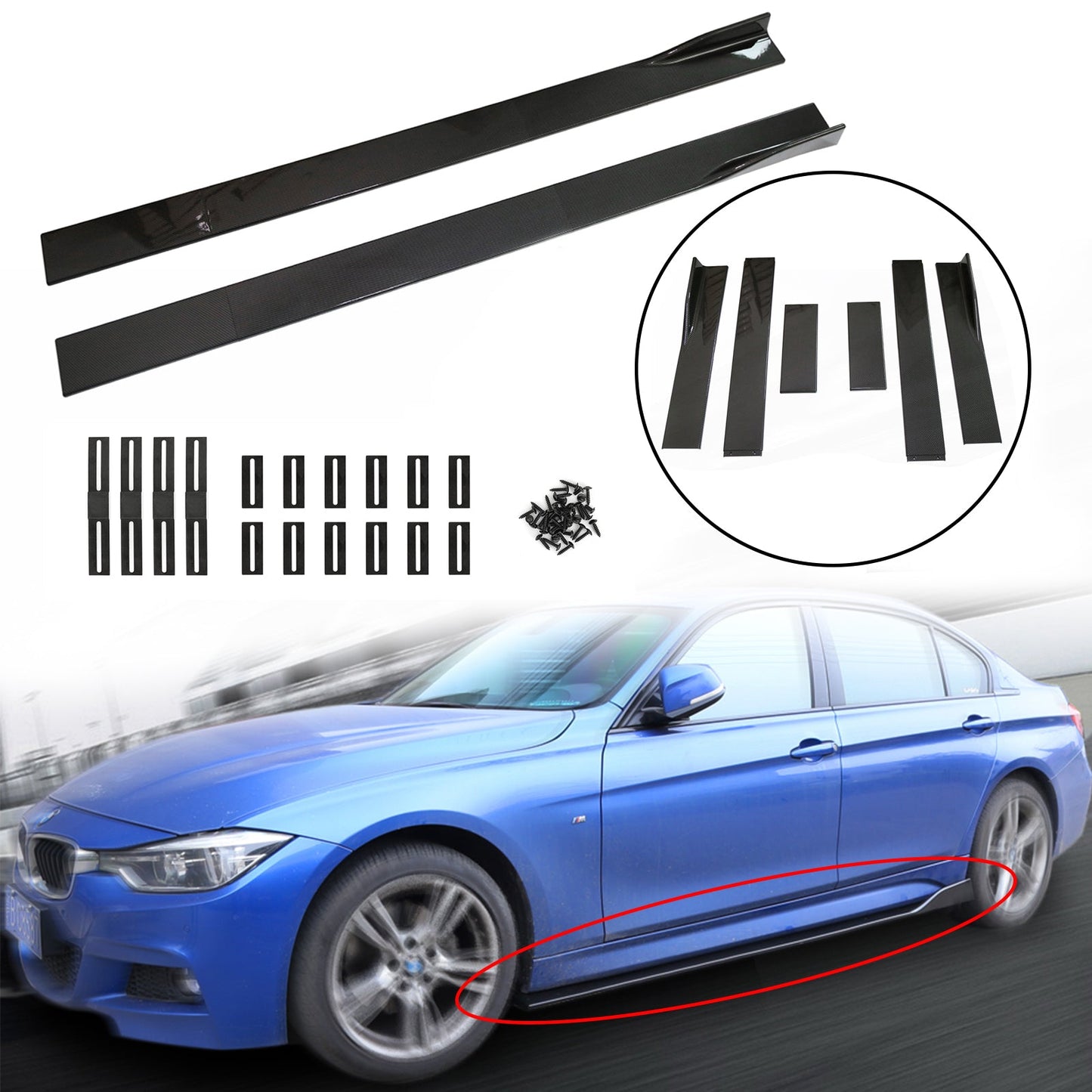 86.6" Universal Side Skirt Extensions Rocker Panel Splitter Lip Look in fibra di carbonio Generico