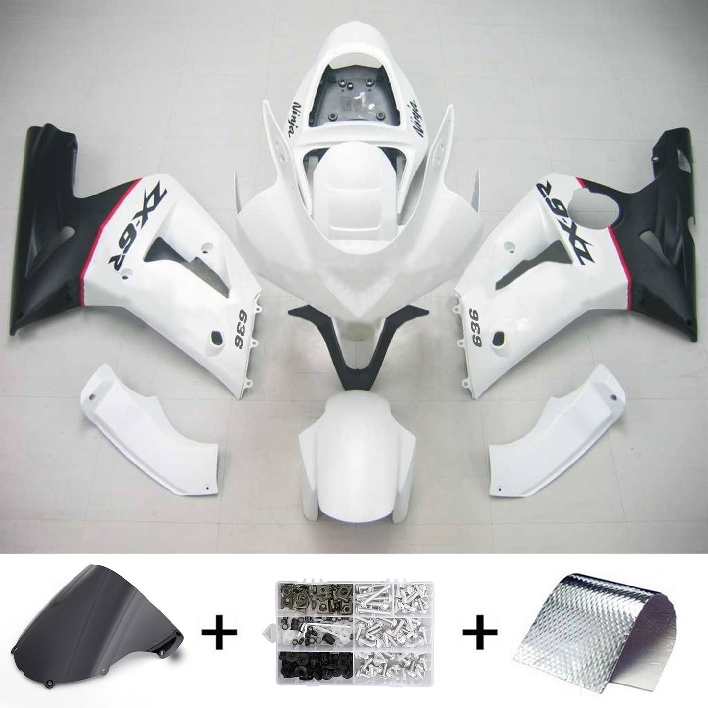 Amotopart 2003-2004 Kawasaki ZX6R 636 kit di paura nero bianco