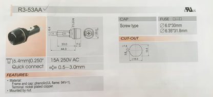 Portafusibile telaio SCI R3-53AA per montaggio a pannello per fusibili in vetro 6x30mm 15A 250V