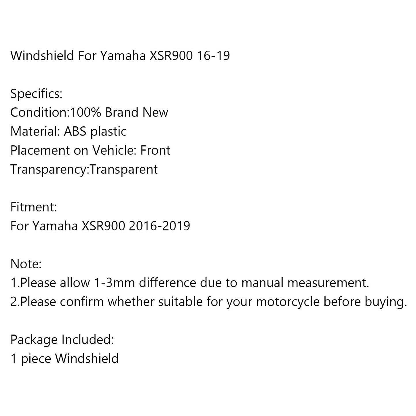 Parabrezza Parabrezza per Yamaha XSR900 2016-2019 Nero Generico
