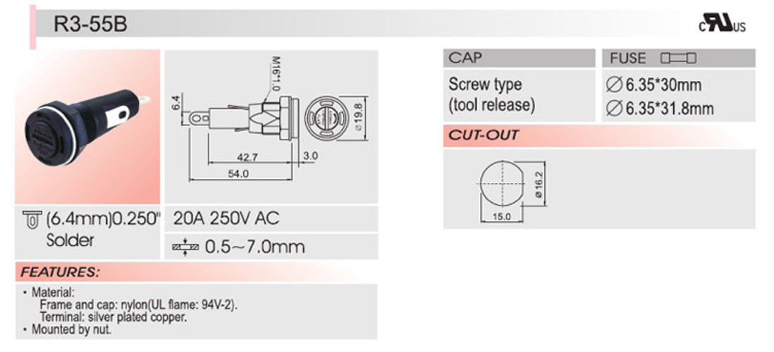 1PCS SCI R3-55B Supporto per fusibili telaio per montaggio a pannello per fusibili in vetro 6x30mm 20A 250V