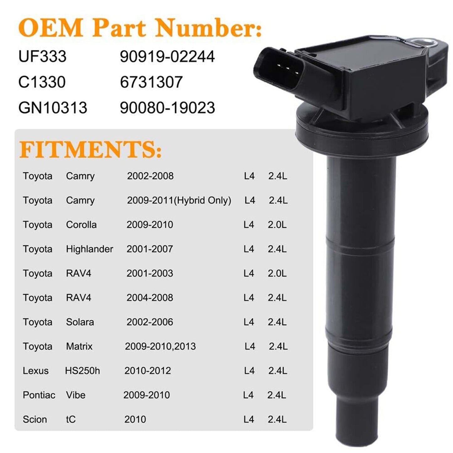 2010-2012 Lexus HS250H L4 2.4L 4x bobina di accensione + candela UF333 UF494