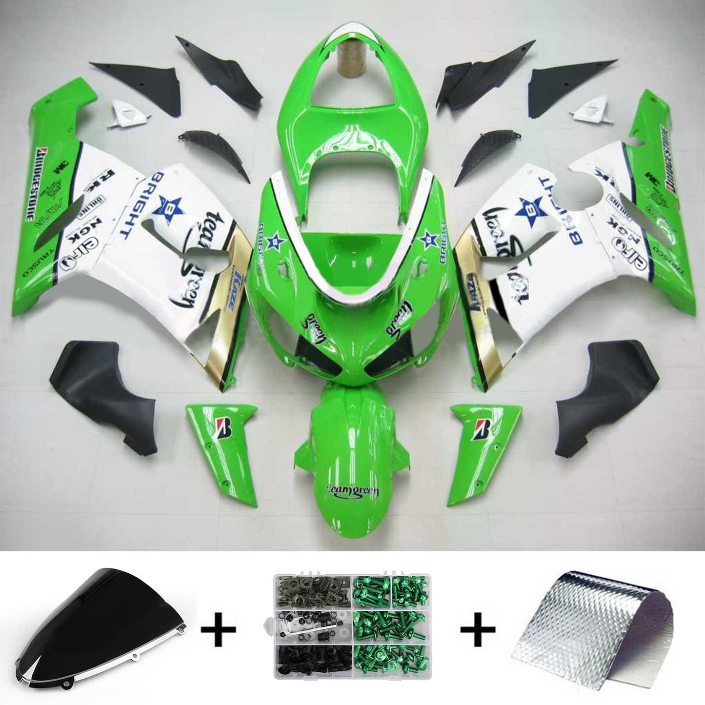 Amotopart Kawasaki 2005-2006 ZX6R 636 Kit di carenatura bianca verde