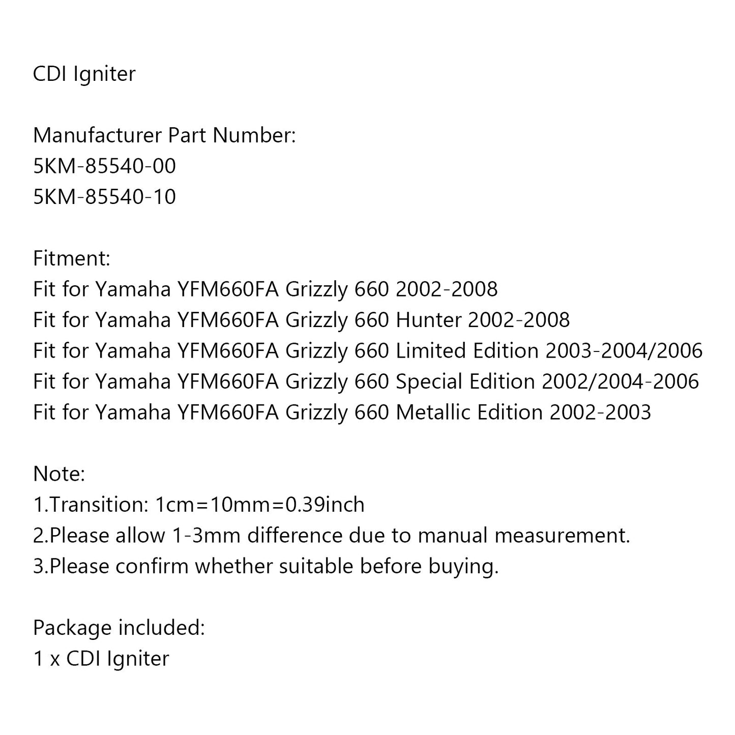 Accenditore CDI adatto per Yamaha YFM660FA Grizzly 660 2002-2008 5KM-85540-00 Generico