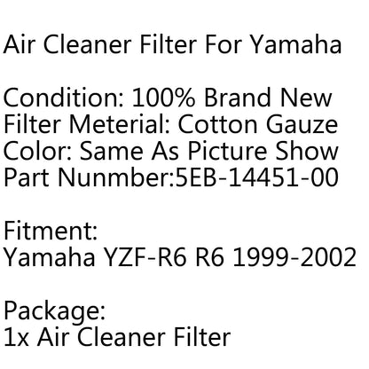 Elemento filtro aria 5EB-14451-00 per Yamaha YZF-R6 R6 1999-2002 2001 generico