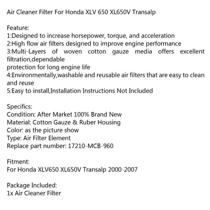 Filtro Aria Alto Flusso Per Honda XLV 650 XL650V Transalp 2000-2007 Generico