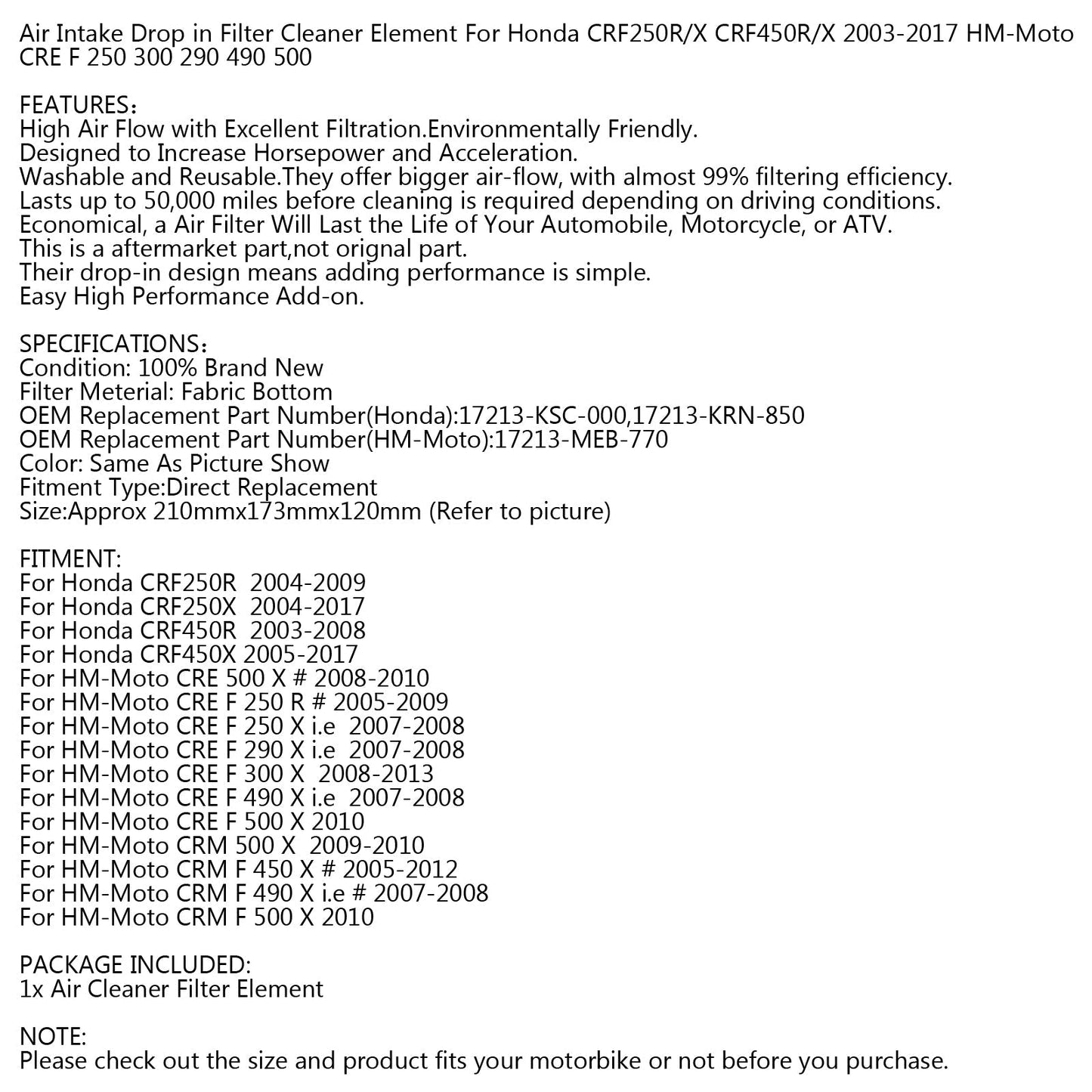 Detergente filtro aspirazione aria per Honda CRF250R/X CRF450R/X 2003-2017 17213-MEB-770 Generico