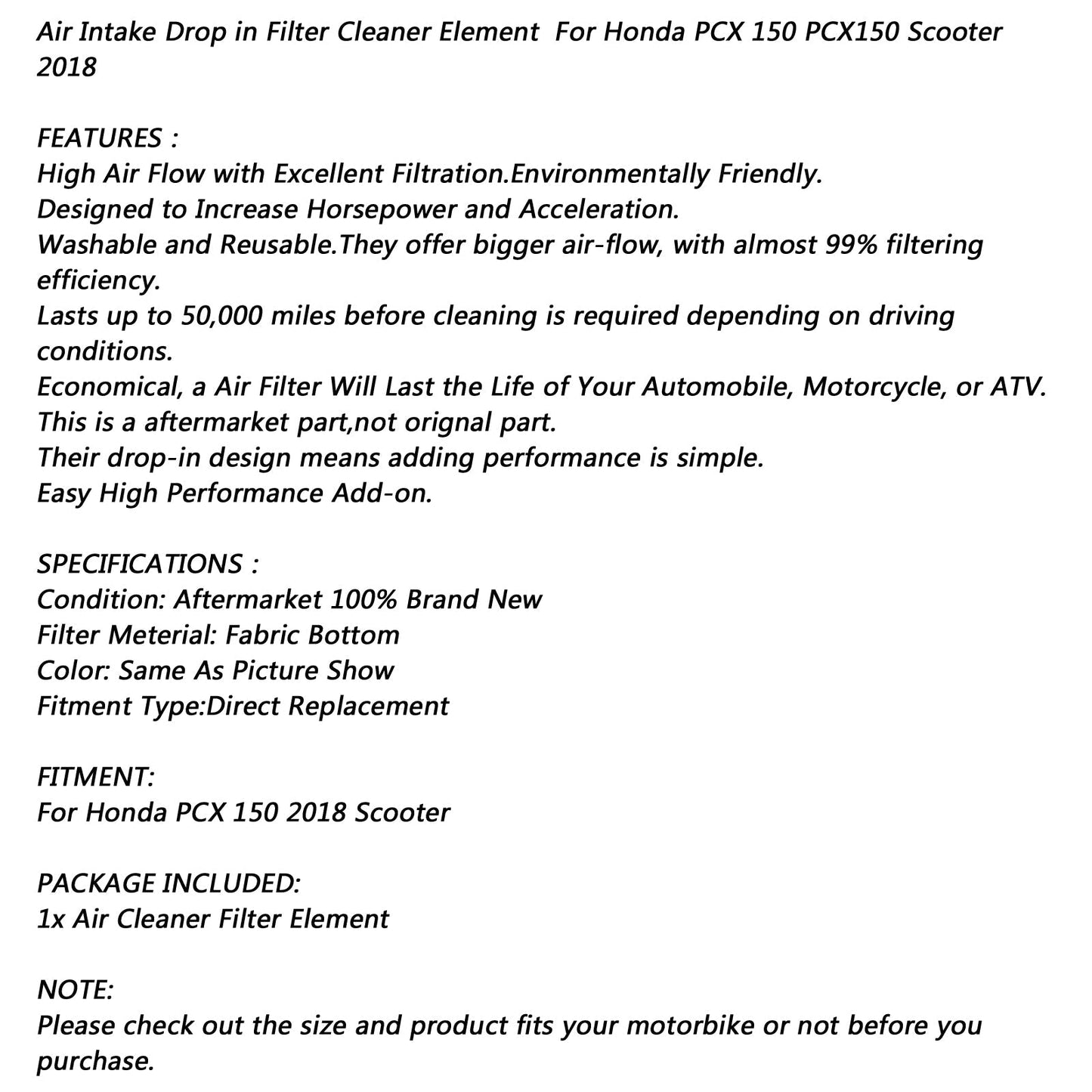 Goccia di aspirazione dell&#39;aria nell&#39;elemento di pulizia del filtro per Honda PCX 150 PCX150 Scooter 2018 Generico
