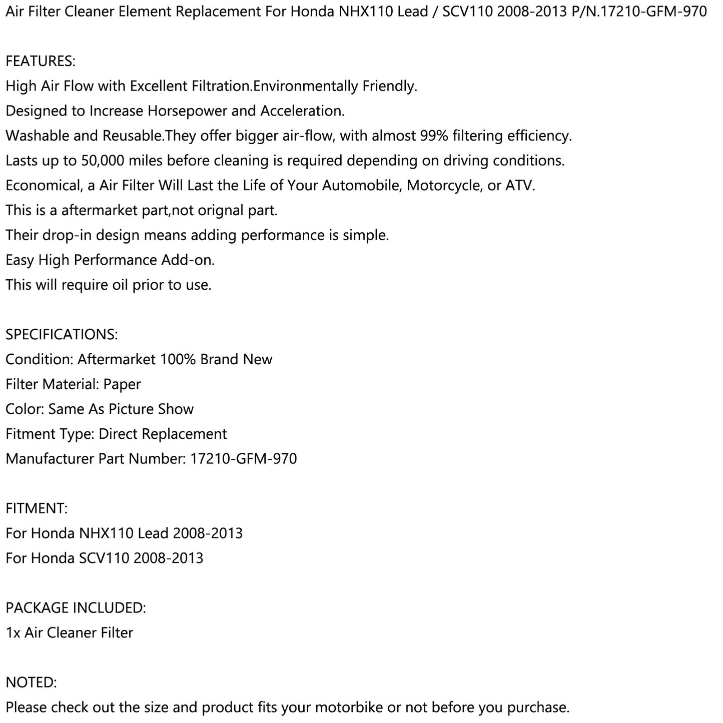 Elemento filtro aria per Honda SCV 110 NHX 110 Piombo 2008-2013 17210-GFM-970 Generico