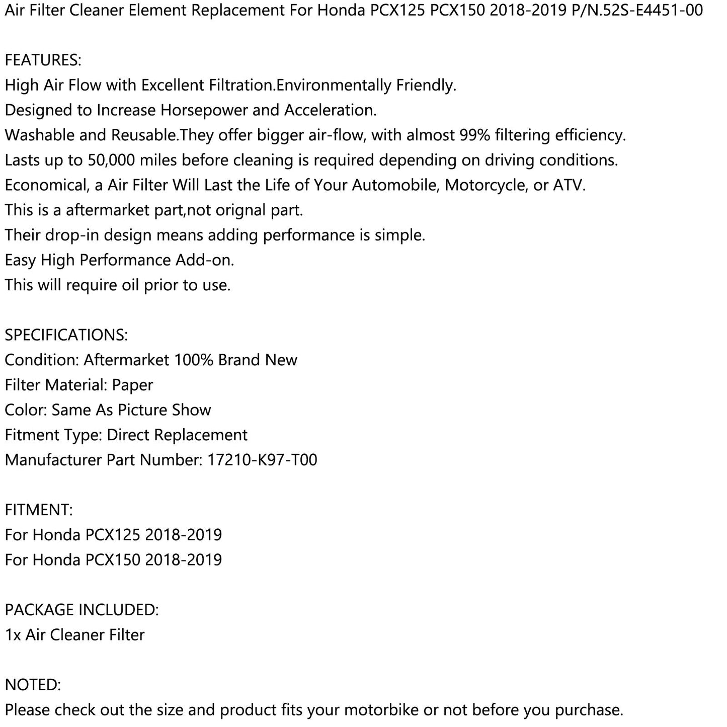 Elemento filtro aria per Honda PCX 125 PCX 150 2018-2019 17210-K97-T00 generico