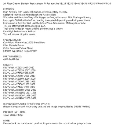 Filtro aria per Yamaha WR400 YZ125 YZ250 YZ400F 426F 450F 4XM-14451-00 Generico