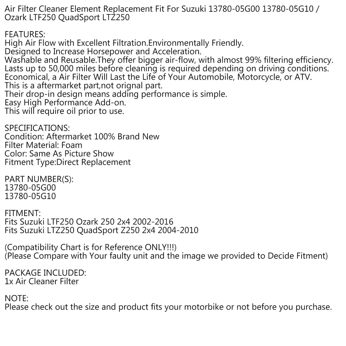Filtro aria Assy per Suzuki 13780-05G00 13780-05G10 Ozark LTF250 QuadSport LTZ250 Generico