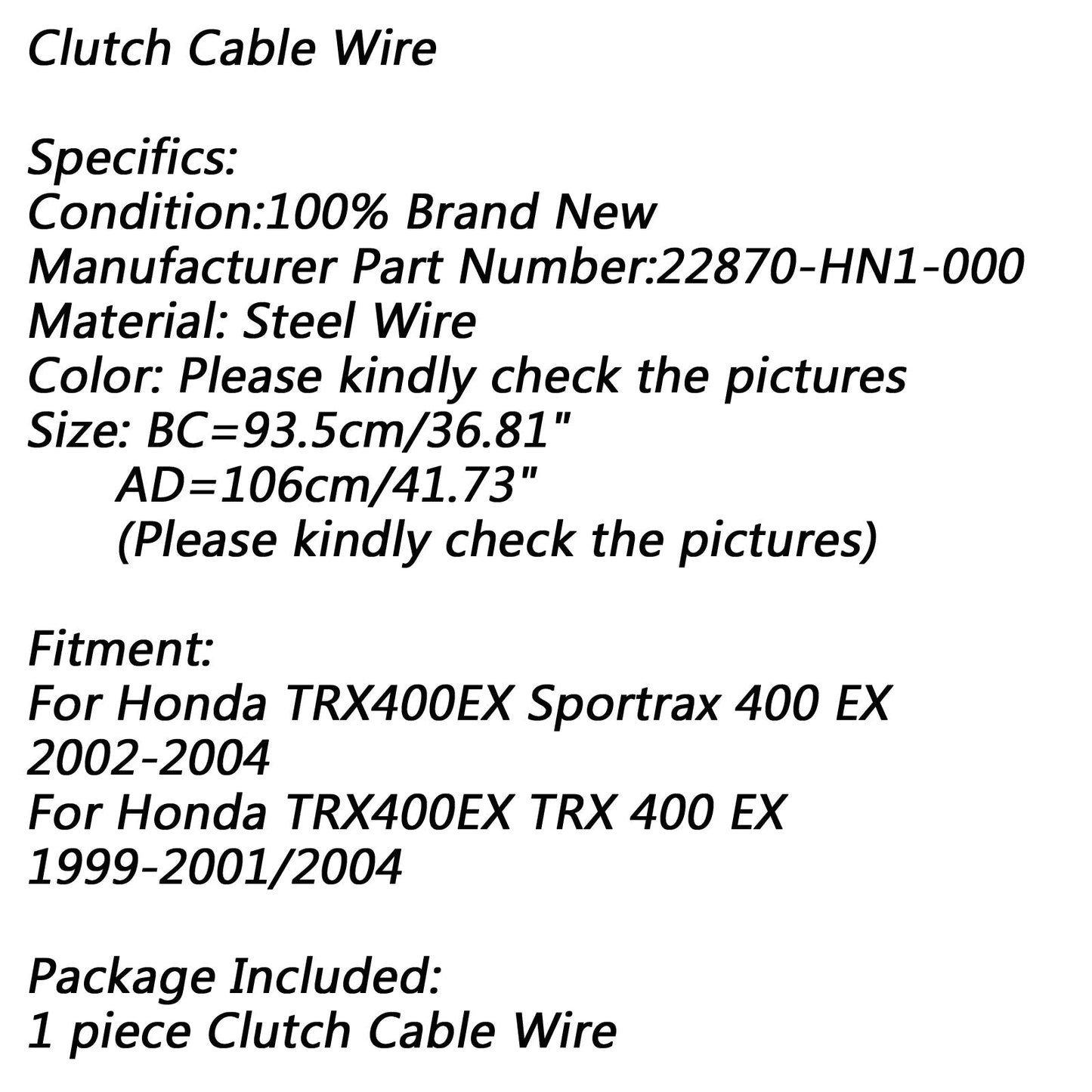 Filo cavo frizione nero per Honda TRX400EX Sportrax 400 EX 22870-HN1-000 Generico