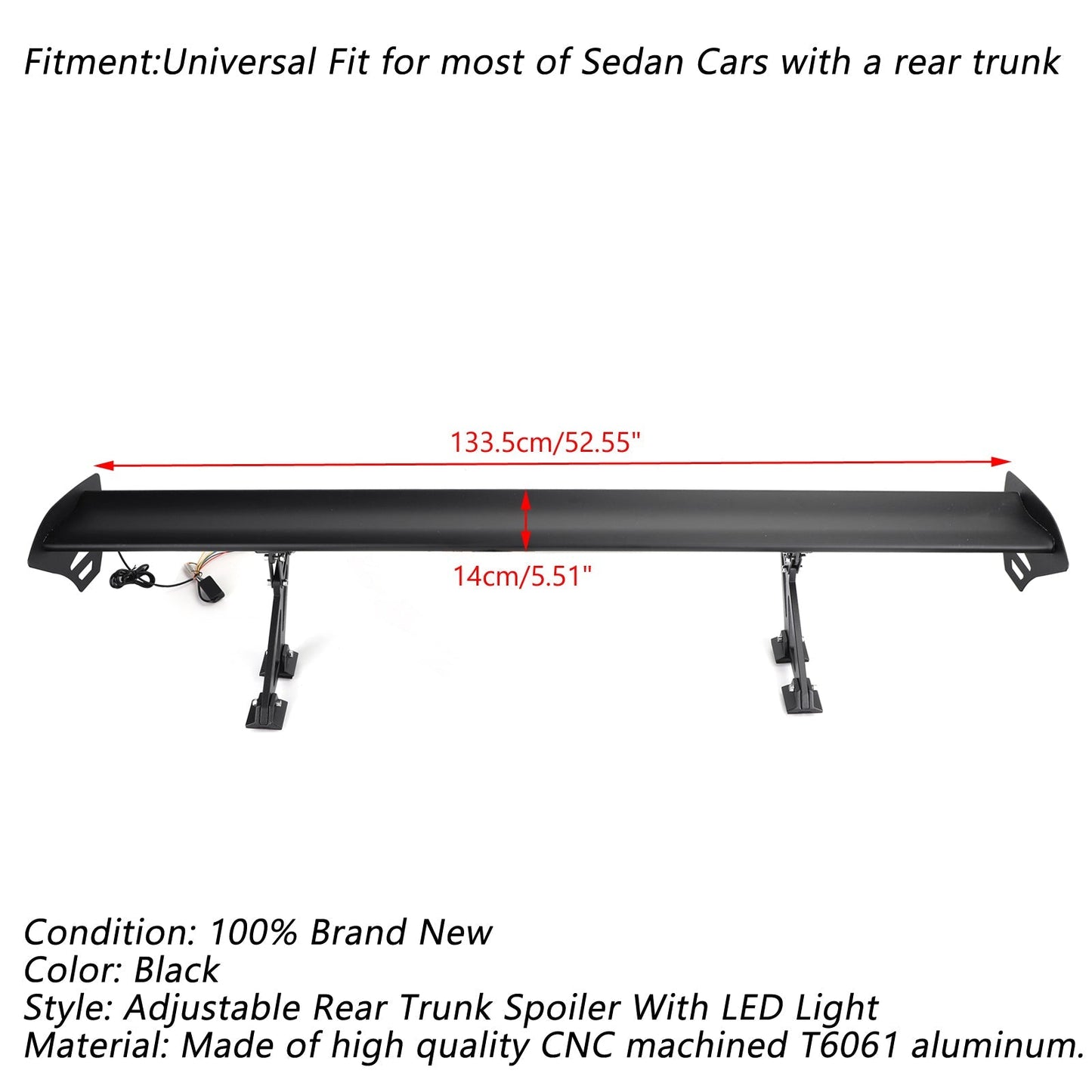 Universal Sedan Spoiler posteriore regolabile in alluminio con alettone da corsa con luce a LED Generico