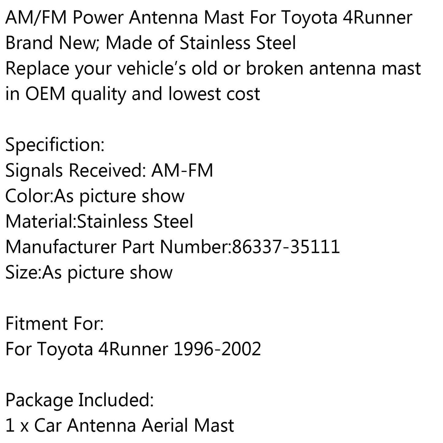 Cavo di ricambio dell&#39;albero dell&#39;antenna dell&#39;antenna di alimentazione 86337-35111 per Toyota 4Runner 1996-2002
