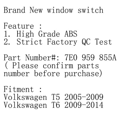 Interruttore di comando alzacristalli elettrici lato guida per Volkswagen VW Transporter T5 T6 Generico