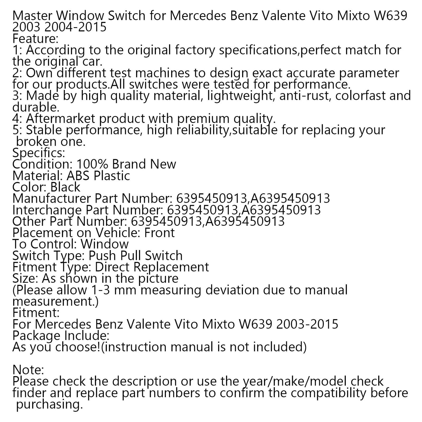 Master Finestra Interruttore per Mercedes Benz Valente Vito Mixto W639 2003 2004-2015 Generico