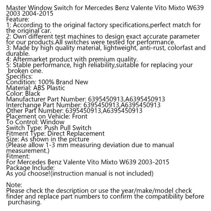 Master Finestra Interruttore per Mercedes Benz Valente Vito Mixto W639 2003 2004-2015 Generico