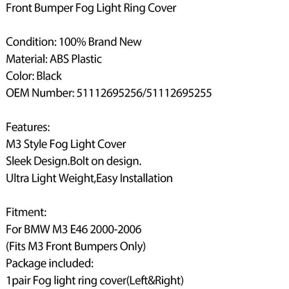 Paraurti anteriore Fendinebbia Copertura anello sinistro e destro per BMW M3 E46 2000-2006 2003 Generico