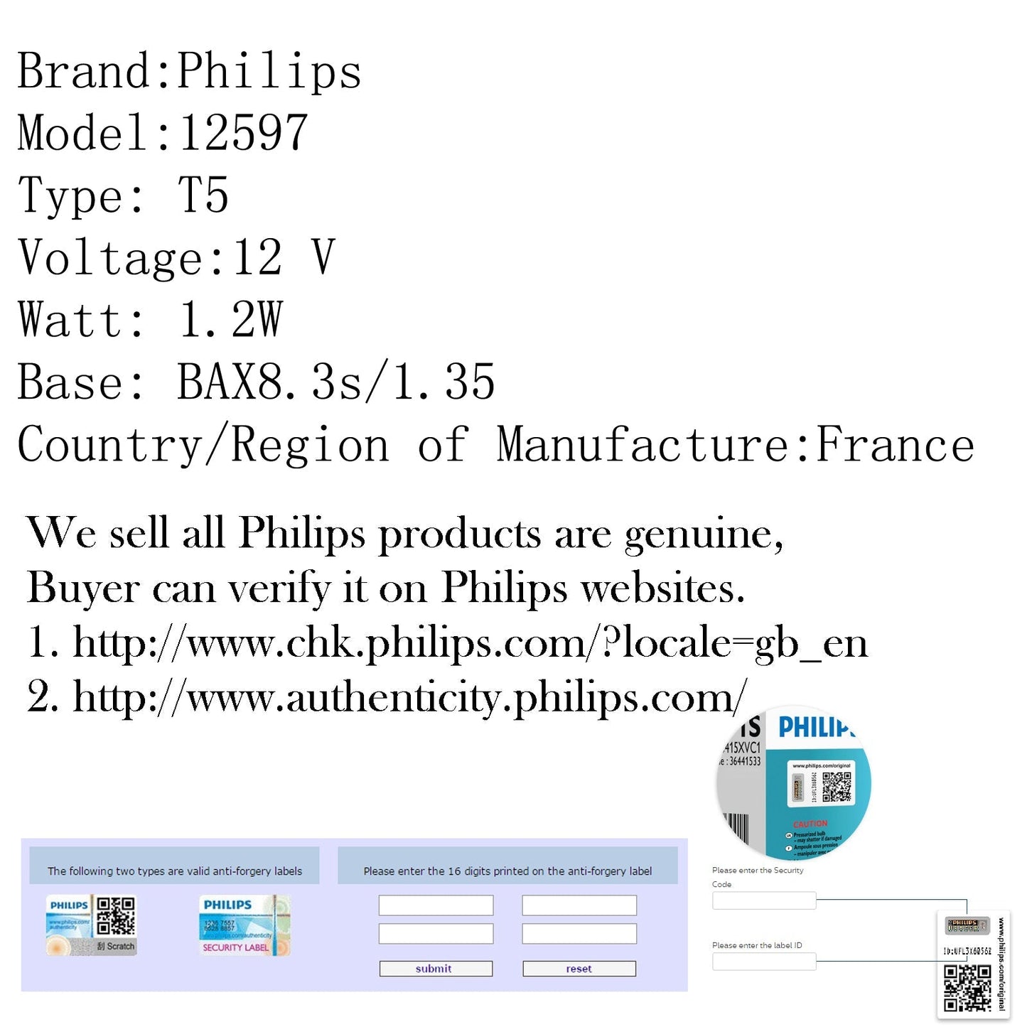 10pcs Genuine PHILIPS 12597 T5 12V 1.2W BAX8.3s/1.35 Lampada di Segnalazione Premium Lampadina Generica