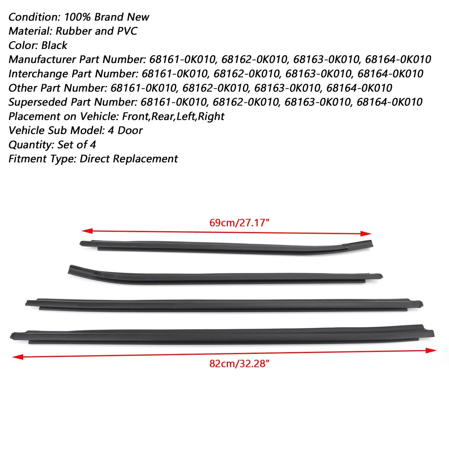 Weatherstrip 4 Guarnizione in gomma per porte per Toyota Hilux KUN26 KUN36 GGN25 TGN16 TGN36 Generico