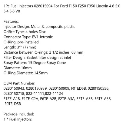 1Pc Iniettori di Carburante 028015094 Per Ford F150 F250 F350 Lincoln 4.6 5.0 5.4 5.8 V8 Generico