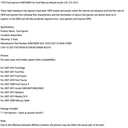 CY01-13-250 FJ1000 4G2115 CM5165 ZZJ1-13-250A 7T4Z-9F593-B 1 PCS Iniettori di carburante 0280158091 Adatto a Ford Mercury Mazda Lincoln 3.5L 3.7L CX-9 842-12353 INJ699 Generico