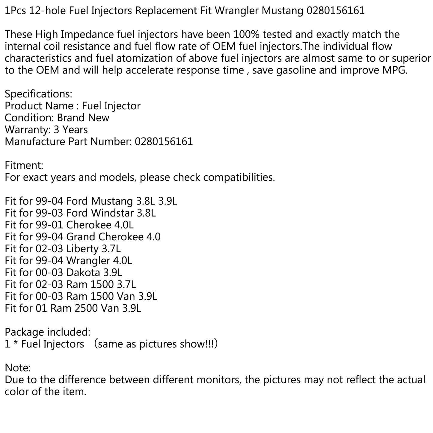 Sostituzione iniettori carburante 12 fori 1Pcs Fit Wrangler Mustang 0280156161 Generico