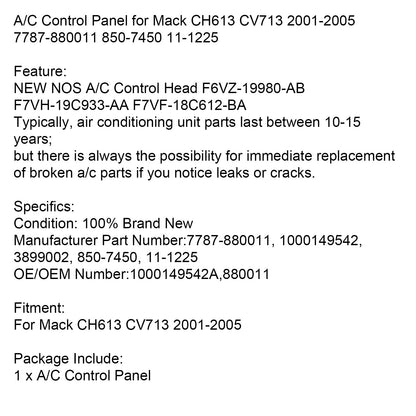 A/C Pannello di Controllo per Mack CH613 CV713 2001-2005 7787-880011 850-7450 11-1225 Generico