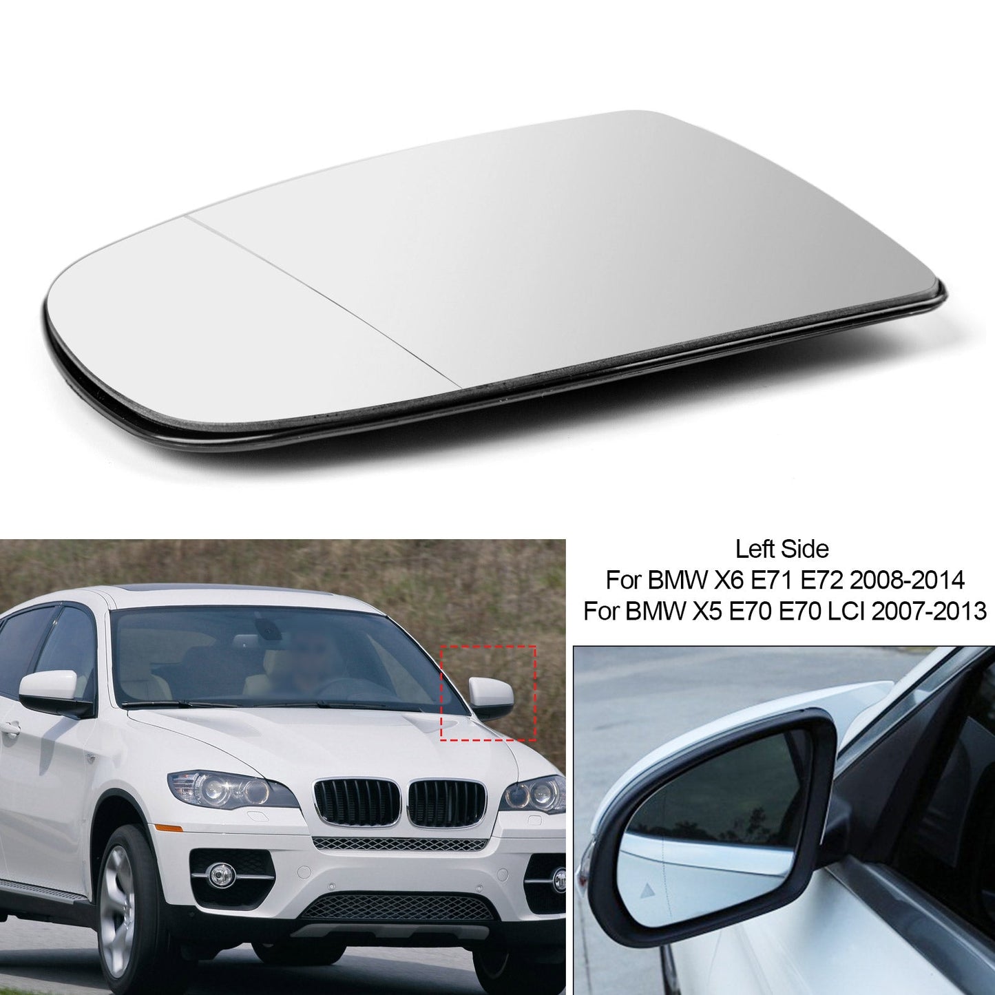 Specchietto retrovisore laterale sinistro riscaldato in vetro bianco per BMW X5 X6 E70 E71 E72 2008-2014 Generico