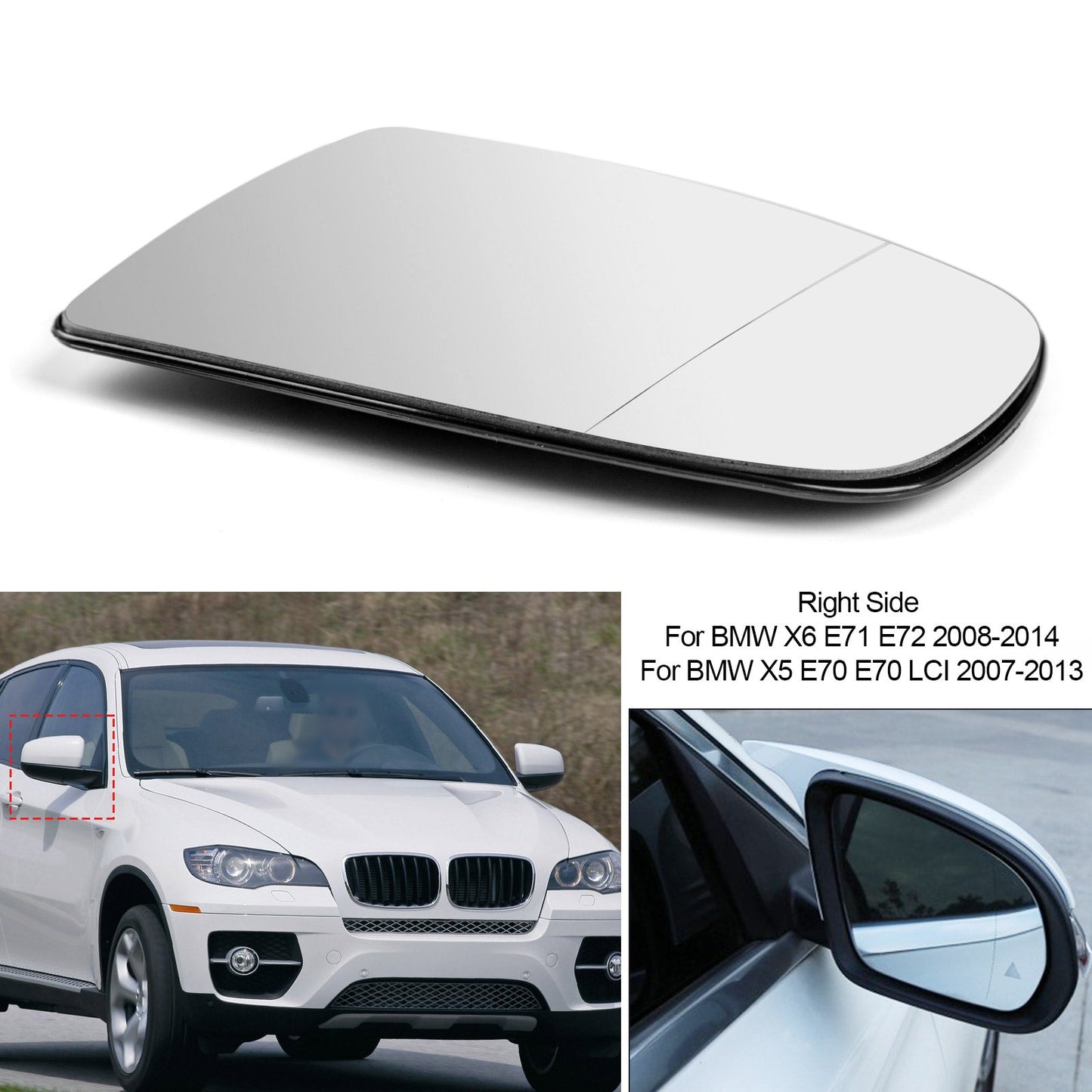 Specchietto retrovisore laterale destro riscaldato in vetro bianco per BMW X5 X6 E70 E71 E72 2008-2014 Generico