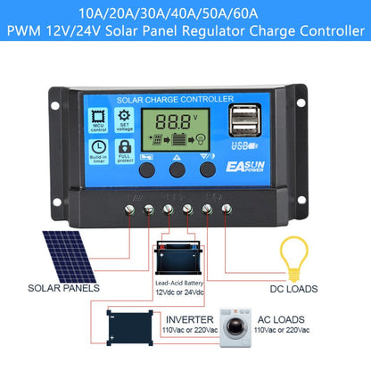 Controller PWM Solar 10-60A 12/24V Auto Focus Tracking Panel Regolatore Carica