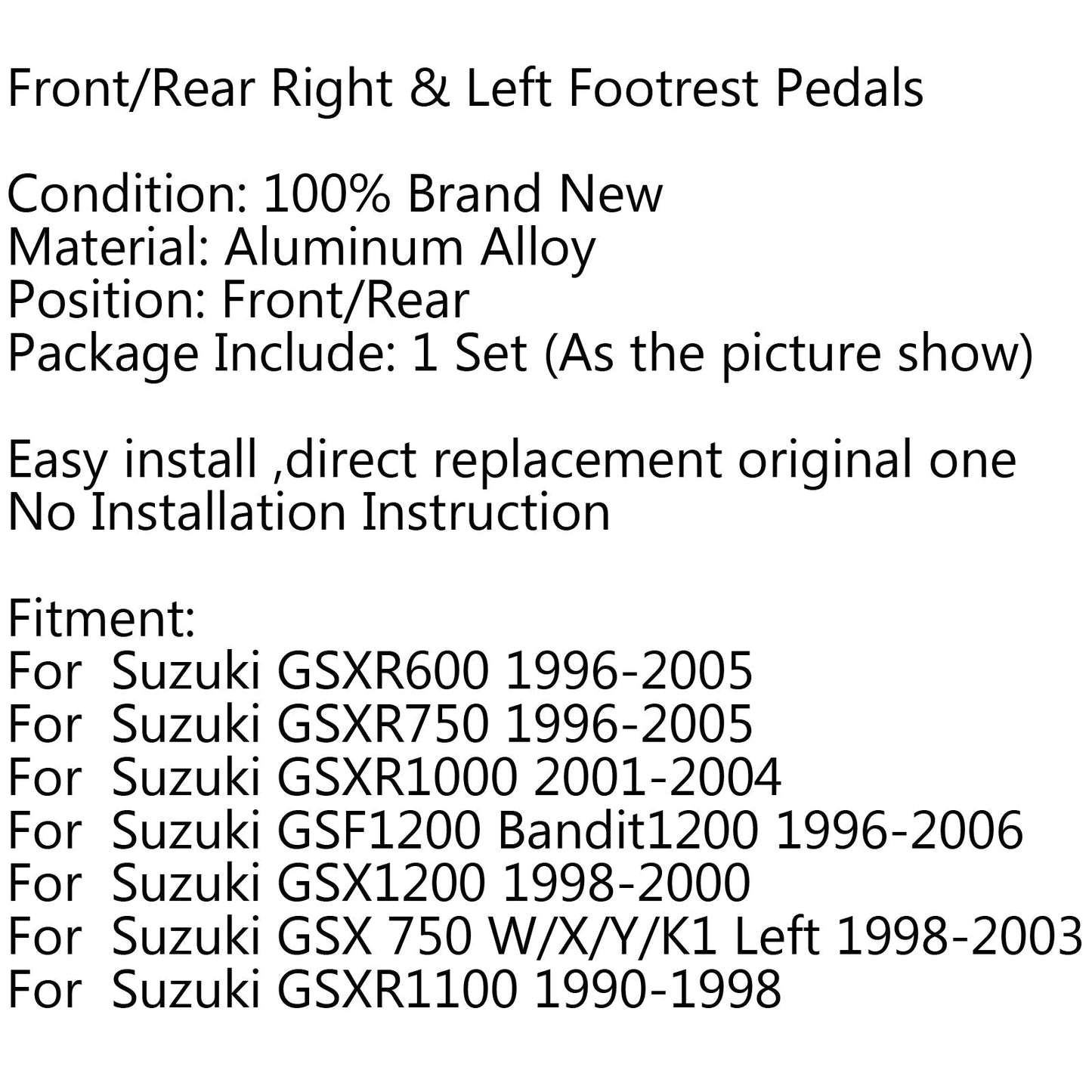 F/R Poggiapiedi Pedali Pedane Per Suzuki GSXR600 GSX-R GSX 750 1000 GSF600 Generico